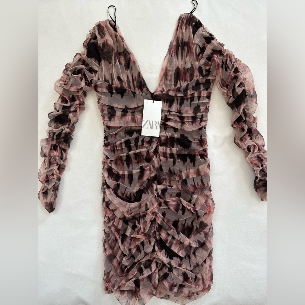 Zara Women Brown Draped Tulle Mini Dress Size M NWT New With Tags